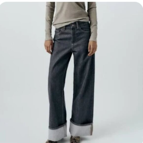 Zara TRF Dark Denim Jeans with Cuffed Hems in Dark Indigo Size 2 NWOT - Picture 1 of 4